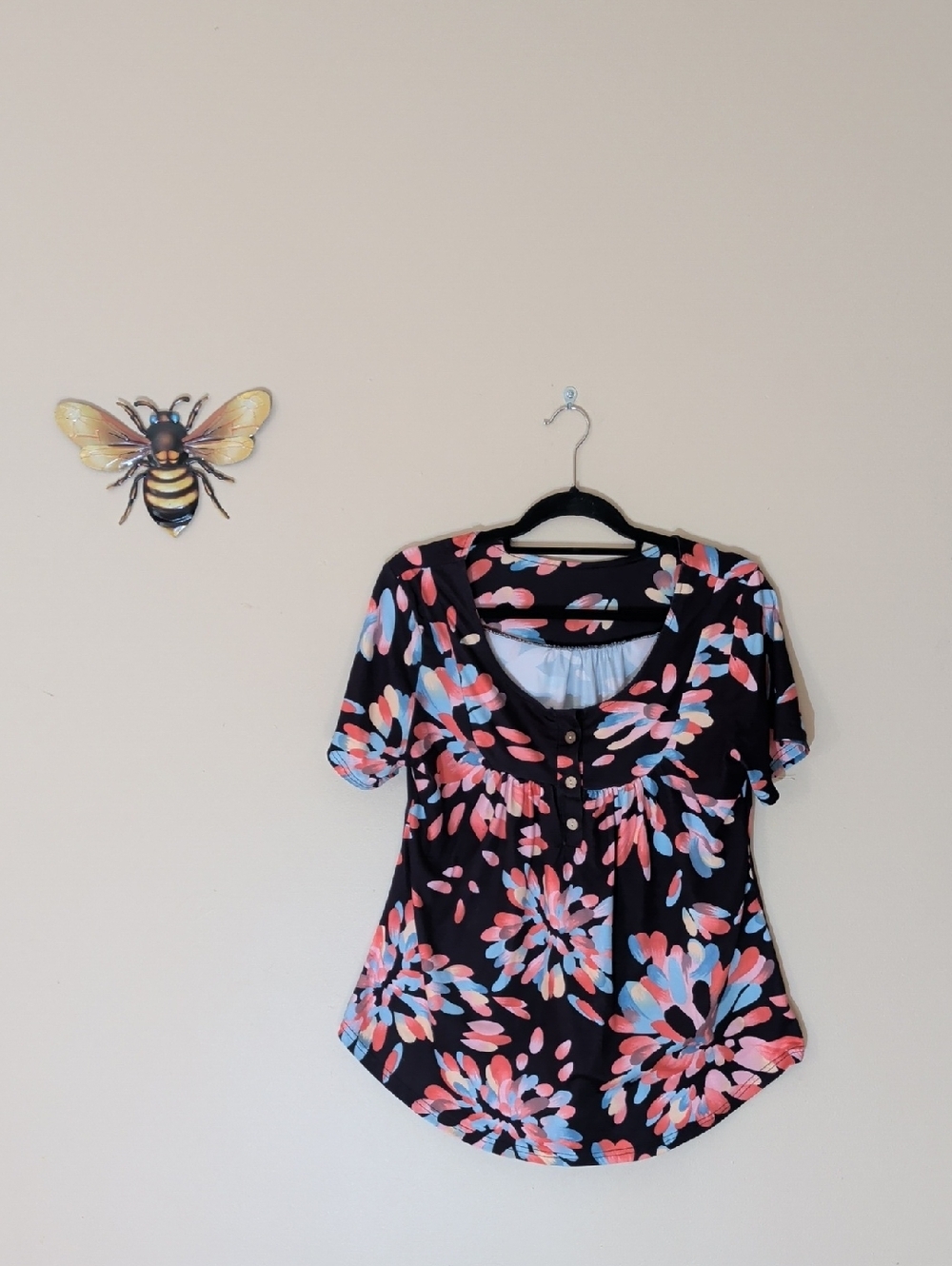 Women's Black Floral Scoop Neck Blouse with Pink & Blue Petals